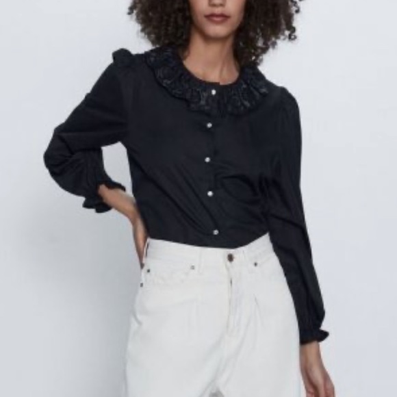 Zara black collar button down blouse - Picture 4 of 6